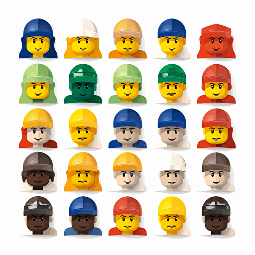 one color on a white background diverse different ethnicity male lego heads flat vector minimalist style