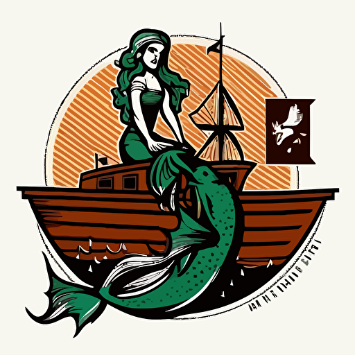 mermaid on a fishing boat with fisherman, vector logo, vector art, emblem, simple cartoon, 2d, no text