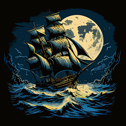 sloop at night in rough seas with a huge moon, vector style