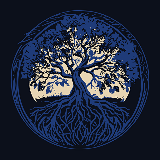 a royal blue vector silhouette of a tree of life within a circle, with 7 roots