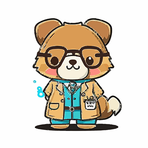 kawaii perro vestido como un doctor, 2d, flat, vector style, contour, white background.
