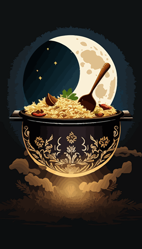 a ramadhan moon behind a pot of biriyani clear background illustration vector style