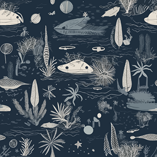 space with oysters, palms and fish that are apart from each other small an simplistic like vector art and minimalist, only dark grey and blue