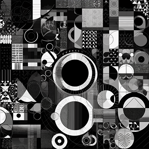background made by circles, triangles and squares. Black and white. Vector. Futurism