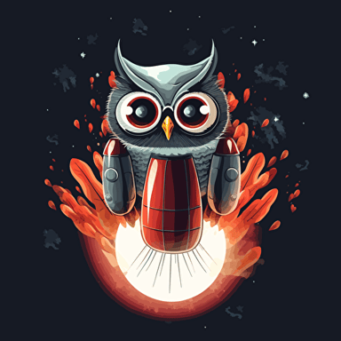 an owl riding on top of a silver rocket with a red nose cone and a blast of fire coming out its engine in space, illustrated, vector art