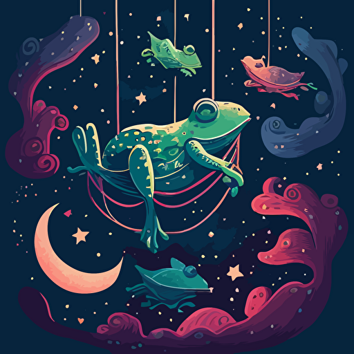 Based on Marc Chagall's dreamlike compositions, design a vector illustration of frogs and humans floating among the clouds, engaging in playful activities. Use a colorful palette and a sense of fantasy. Set the scene in a world where the sky is filled with stars.
