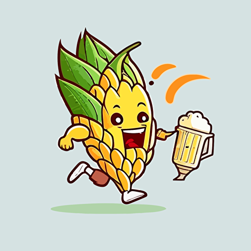 ear of corn as a mascot running around partying and drinking beer, 2d, mascot, flat colors, vector