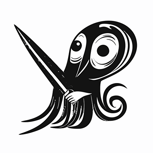 black and white, cartoonish squid holding a quill, simple vector art logo