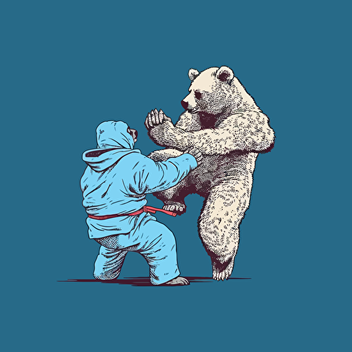 Bear taking down another bear midair, wearing jiu jitsu clothes, vector animation illustration, 4 colors limit, solid background, high resolution