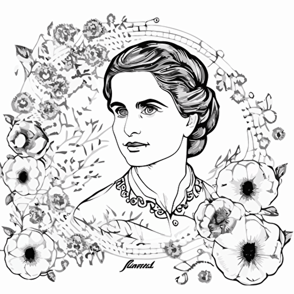 ROSALIND FRANKLIN png outlined vector for colorin with backgroung flowers