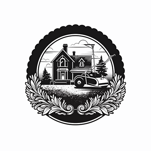 black and white vector logo for lawn care service, mower, trimmer, seed, grass