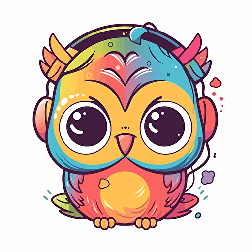 sticker, Happy Colorful Owl wearing Head phones, kawaii, contour, vector, white background