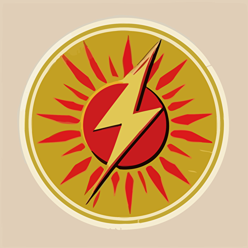 simple logo, vector small round sticker, sun with lightning bolt going through it