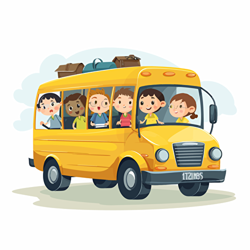 illustrative vector cartoon of kids with Down Syndrom riding a short yellow school bus. white background