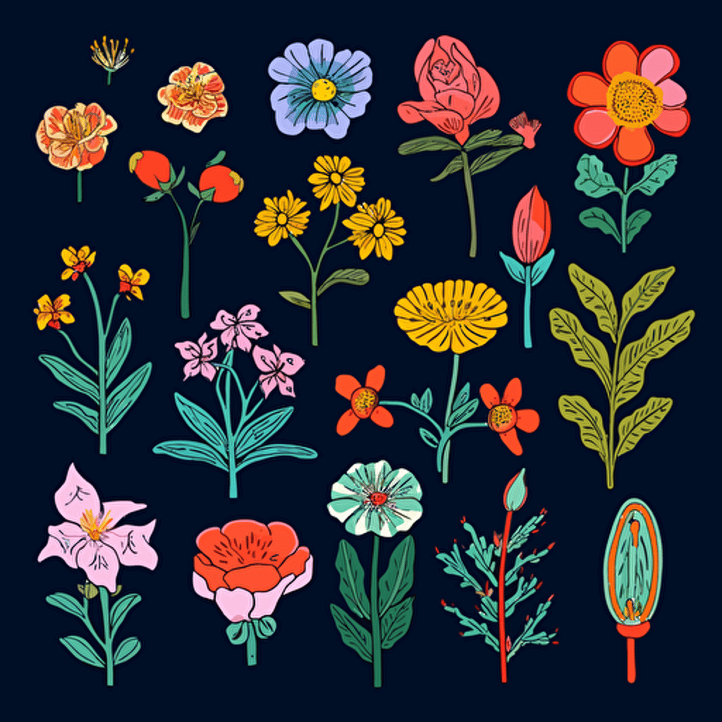 assorted drawings of flowers, korean style, pop art, flat, vectorized