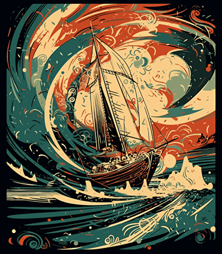 illustration of a scene representing a boat race, featuring a blend of Surrealism and Expressionism styles, vector