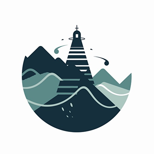 create a simple vector-style square shaped logo with rounded radio waveforms, white background :: and rounded circles with :: radio tower :: hilltop :: white backround, very simple forms, few components