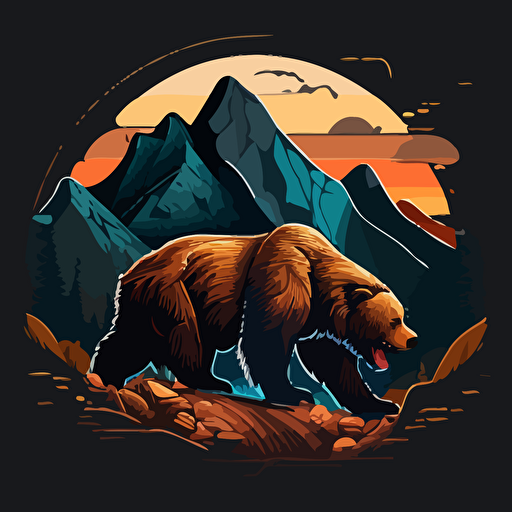 A_coin_emblem_logo_for_a_angry_bear in an action pose:: mountains in the background, code style, color, vector