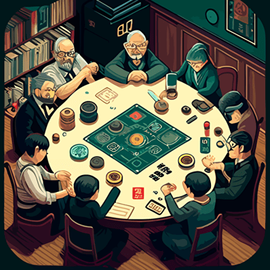 Influenced by the board game Monopoly, create a vector illustration of Satoshi Nakamoto and a group of people playing a cryptocurrency-themed board game, where the players compete to build decentralized empires. Set the scene during a friendly game night.