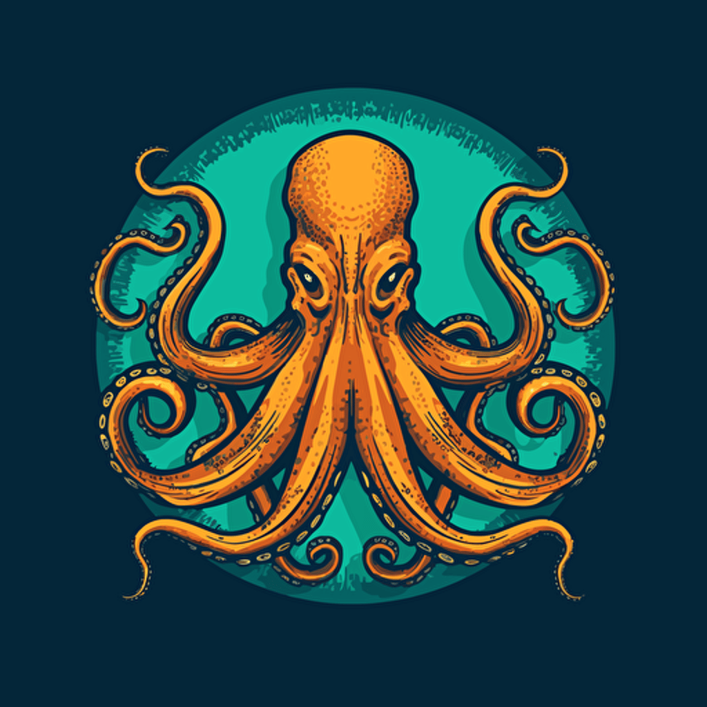 art deco logo style vector image of an angry octopus in animation style, the octopus is swimming with tentacle grabbing