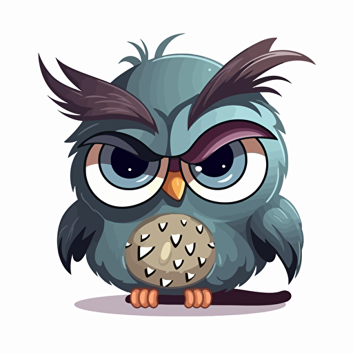 female grumpy owl, girl colors, style of children's cartoon, vector art, isolated on white, no background