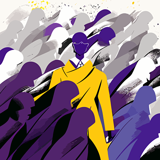 Modern, vector, illustration of heroic clever, non-binary person following dream to gather tribe. In colors purple, yellow, gray and white.
