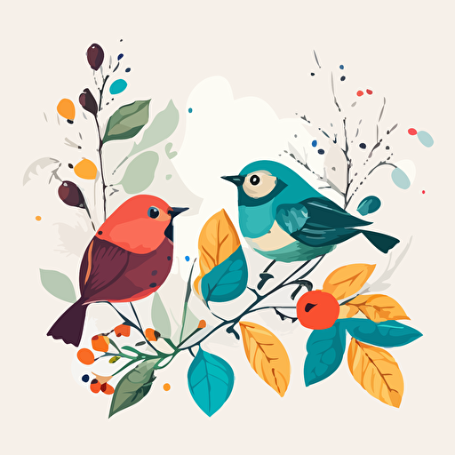 pdf vector drawing of cute birds with botanicals in background