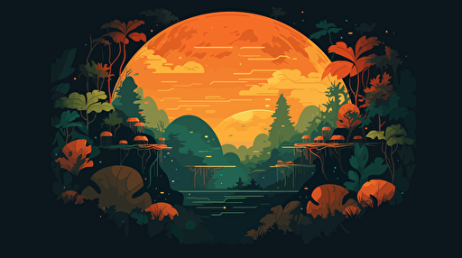 a newly discovered jungle planet, floating in space, hazy atmosphere, orange and green colors, vibrant, strange plants dotting the planet's surface, flat vector illustration, as seen from space