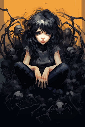 beautiful gothic girl with large eyes and volumptuous curvy body, sitting on floor surrounded by spiders,cutout,vector, intense colors