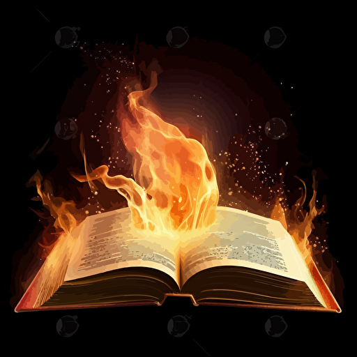 an open book with fire coming out of the pages, vector, art