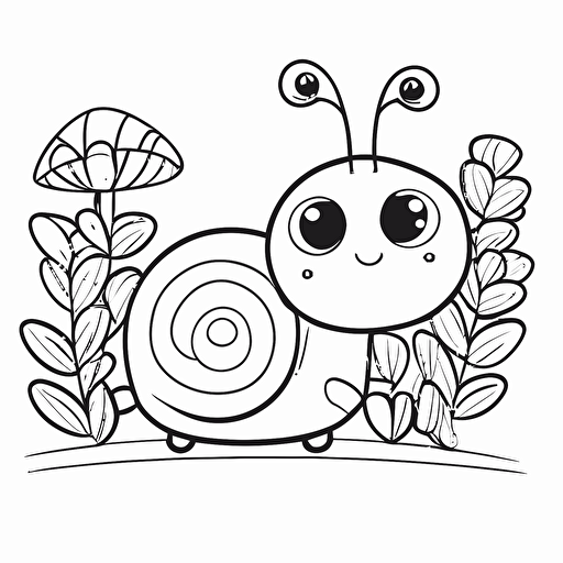 cute snail in farm, big cute eyes, pixar style, simple outline and shapes, coloring page black and white comic book flat vector, white background