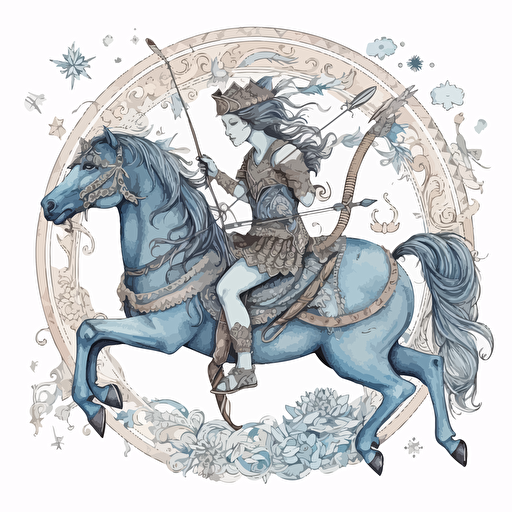 sagittarius zodiac sign, the archer hero riding the blue horse, in boho art style, intricated details, watercolors and flat vector mix