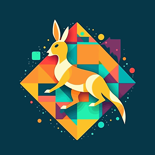 Kangaroo, Geometric Shapes, Jumping on a Trampoline, Playful, Bright Colors, Comic vector illustration style, flat design, minimalist logo, minimalist icon, flat icon, adobe illustrator, cute, Simple