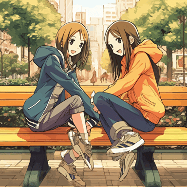 two anime manga styled girls form K-ON anime manga are doing kicks on a bench, in the style of multilayered dimensions, kawaiipunk, manga style, aerial view, illustrative, animal intensity, wimmelbilder, playful recombinations, strong use of color, high-angle