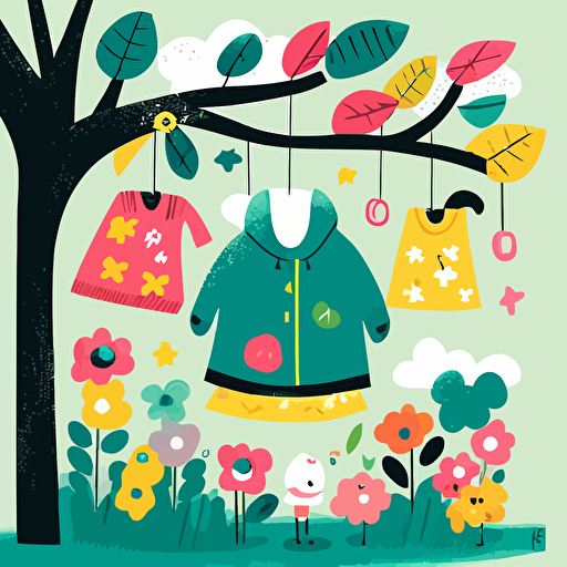 vector,bright colourful, pastel colours, children's book illustration, hanging clothes at spring