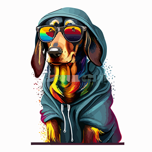 standard dachshund with tail + wearing a hoodie and cool sunglasses, anthropomorphic, vector illustration, vibrant colors, dye-sublimation, white background