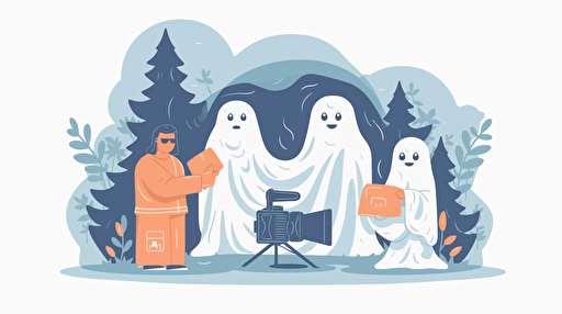 three guys making a movie. ghost in the sell style. vector style over white.