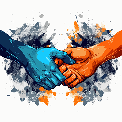 a vector image of two hands shaking, blue and orange and dark gray, graffiti style