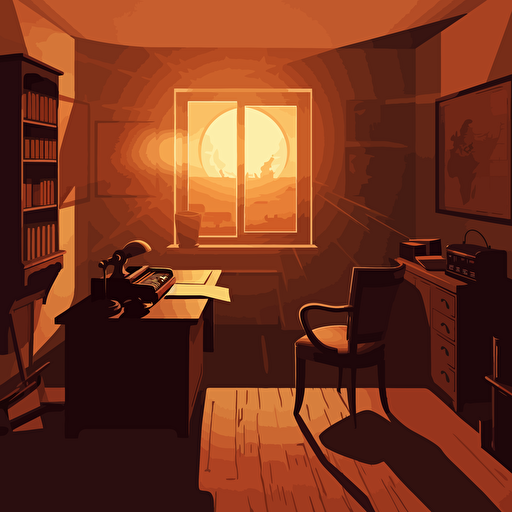 1940s private detective office, sunset, chiaroscuro lighting, vector