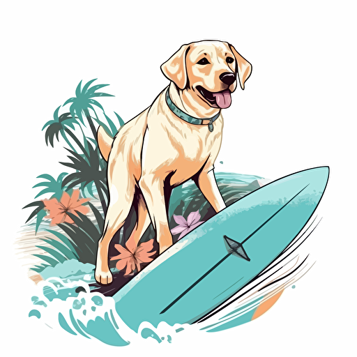 cute labrador surfing design, tropical, 2d, vector, white background