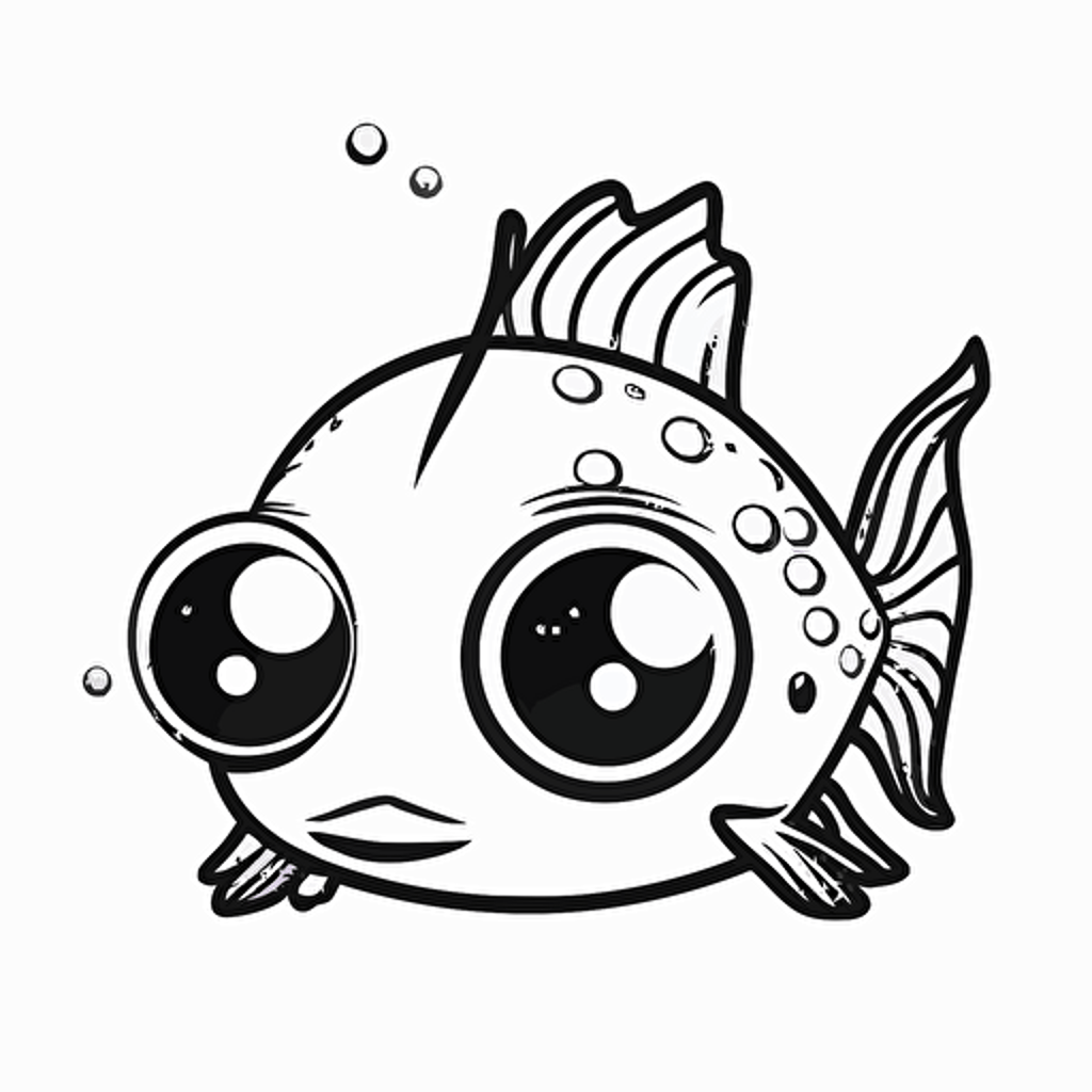 cute fish in farm, big cute eyes, pixar style, simple outline and shapes, coloring page black and white comic book flat vector, white background