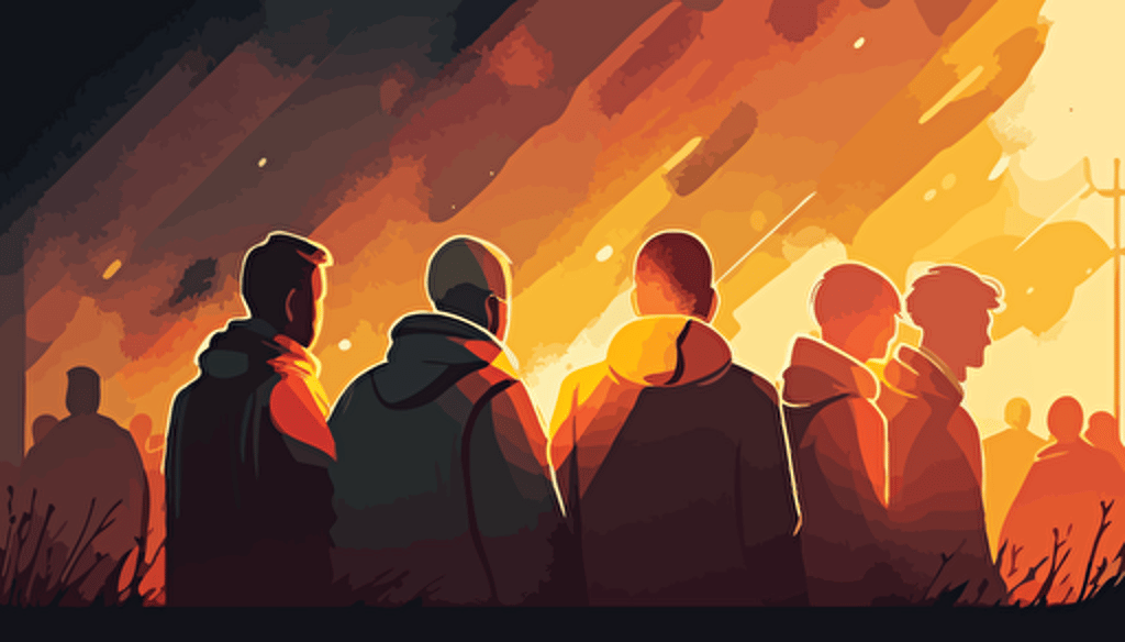 vector art, softly colored animated modern day people, small group, warmly praying together, sunny dawn background wide angle with some depth of field