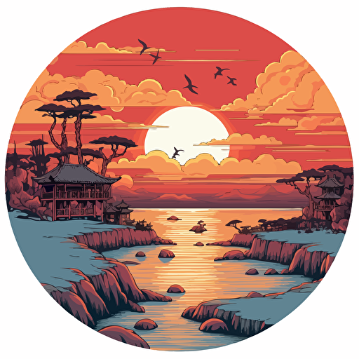 round up design with digital illustration of bali sunset beach, magic world inspired by Studio Ghibli, vector illustration, intricate details, unreal engine, extremely high detailing, sharp, white background