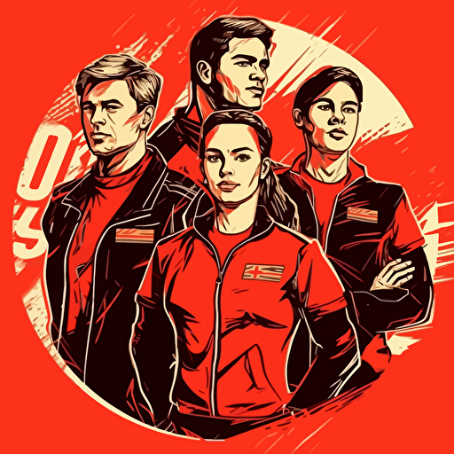 teenagers athletes, red and black color scheme, high detailed, vector illustration, retro poster USSR