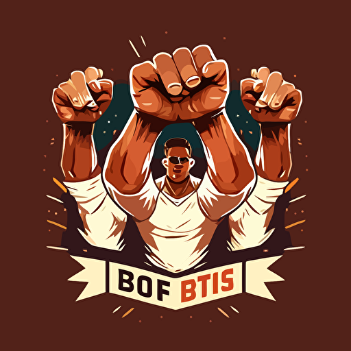flat vector art, logo for book club, three fists in the air, white and brown peoples fists, book