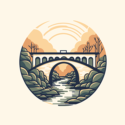 a company logo featuring a Roman bridge, symbolizing the challenge of venturing into a new world. Incorporate elements that evoke a sense of exploration, innovation, and determination. Simple 2d vector art.