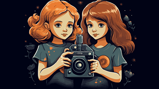 two girls making a film. Vector style over black