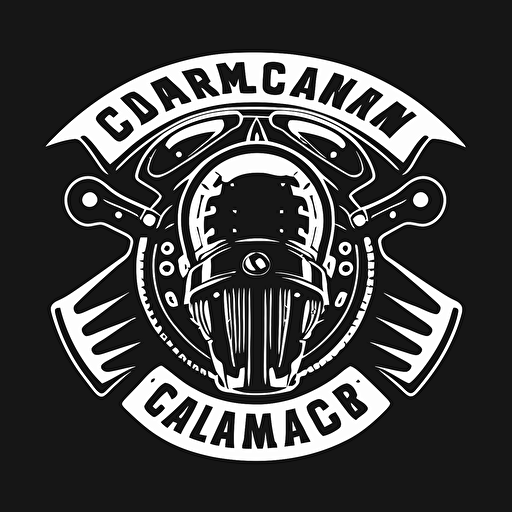 motorcycle club logo, spanners, motorcycle helmet, simple vector, black and white