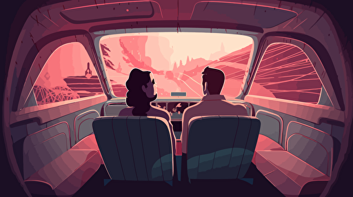 Couple proposing inside a car in a drive-in cinema, perspective from the back seat, vector art, illustrator, after effects, reduced color palette
