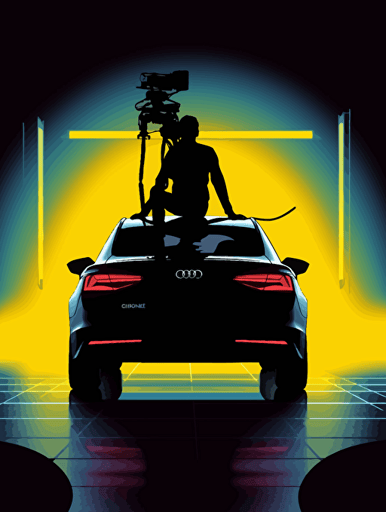 An action camera captures a low angle shot of Nolan's Batman sitting in a 2023 audi a5 sportback and Rococo neon light,vector illustration, silhouette of a person extreme sports, dynamic posture